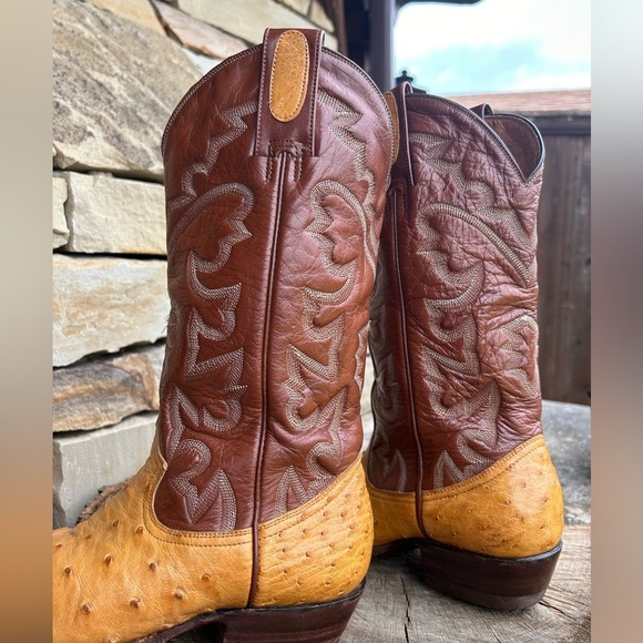 Montana Exotic Ostrich Tan & Brown Heeled Boots with Western Stitching Sz-7.5. P - Picture 7 of 9